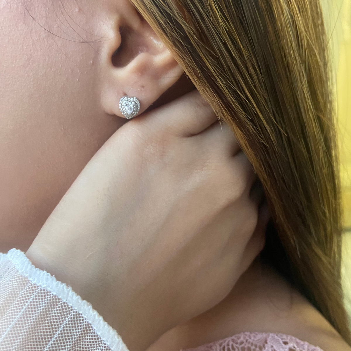 Minimalist Heart Halo Rhodium-Plated Stud Earrings