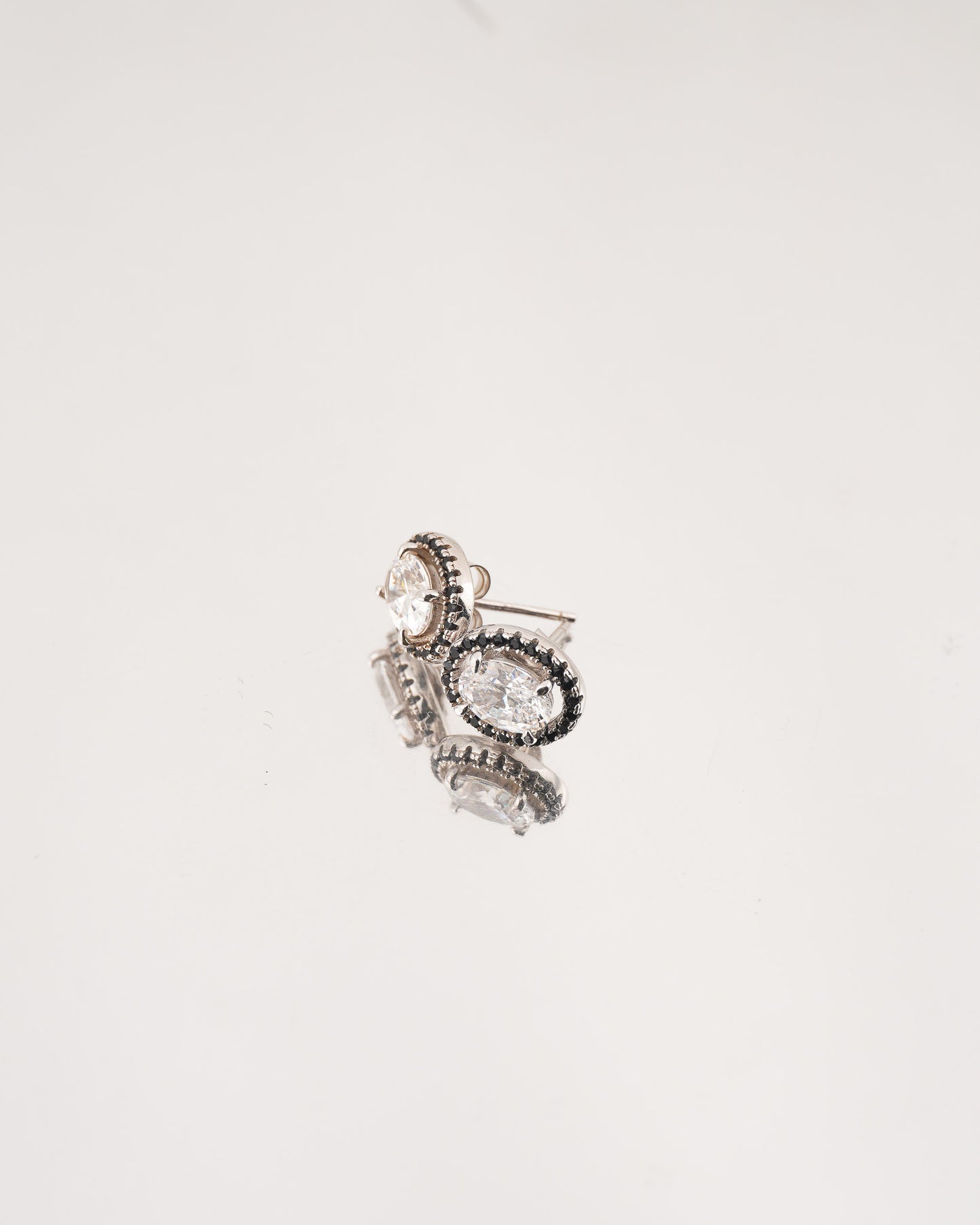 Oval Black Halo Stud Rhodium-Plated Earrings