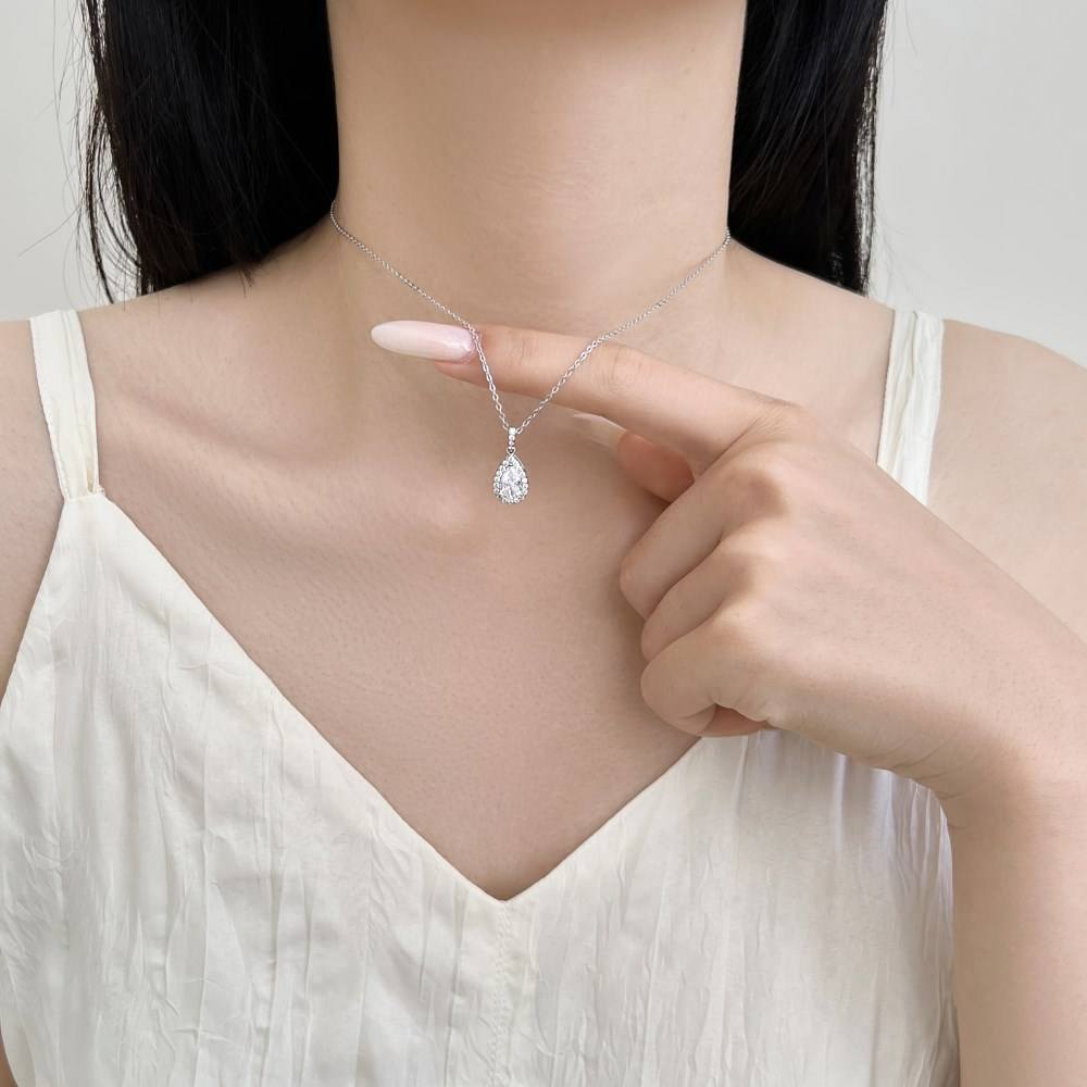 Pear Halo Rhodium-Plated Necklace
