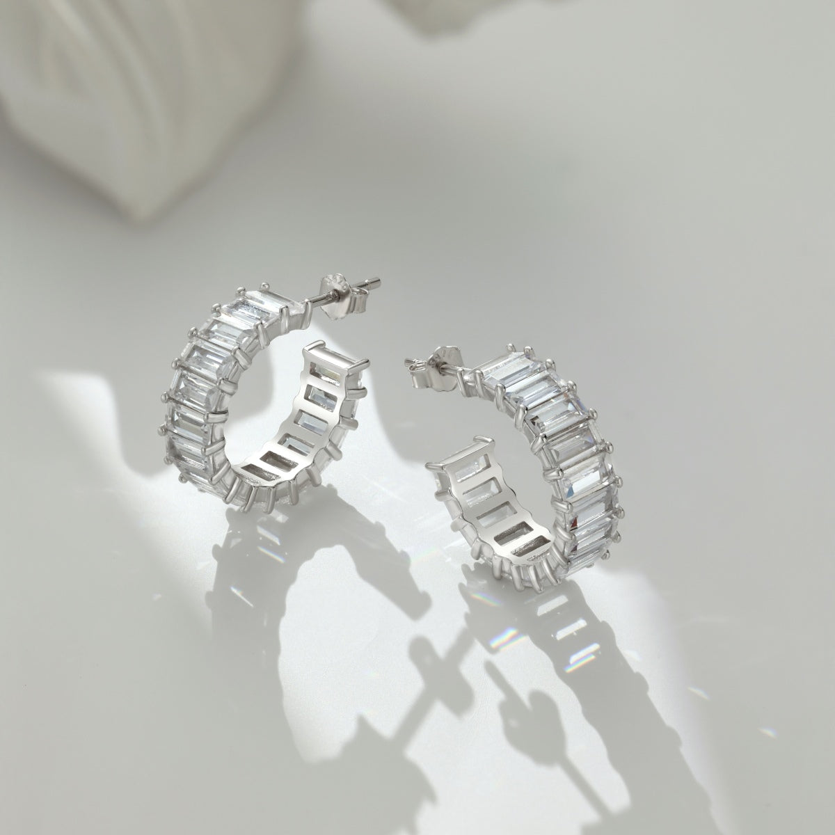 Baguette Crystal Rhodium-Plated Hoops