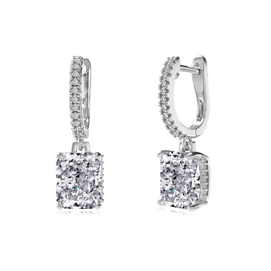 Emerald Stone Dangling Rhodium-Plated Hoops