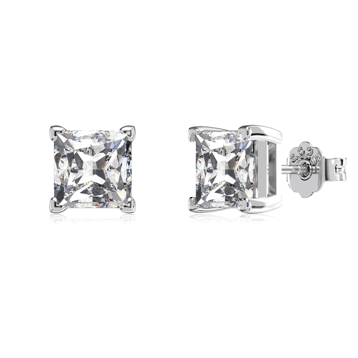 Princess Cut Square Rhodium-Plated Stud Earrings