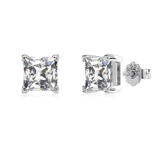 Princess Cut Square Rhodium-Plated Stud Earrings