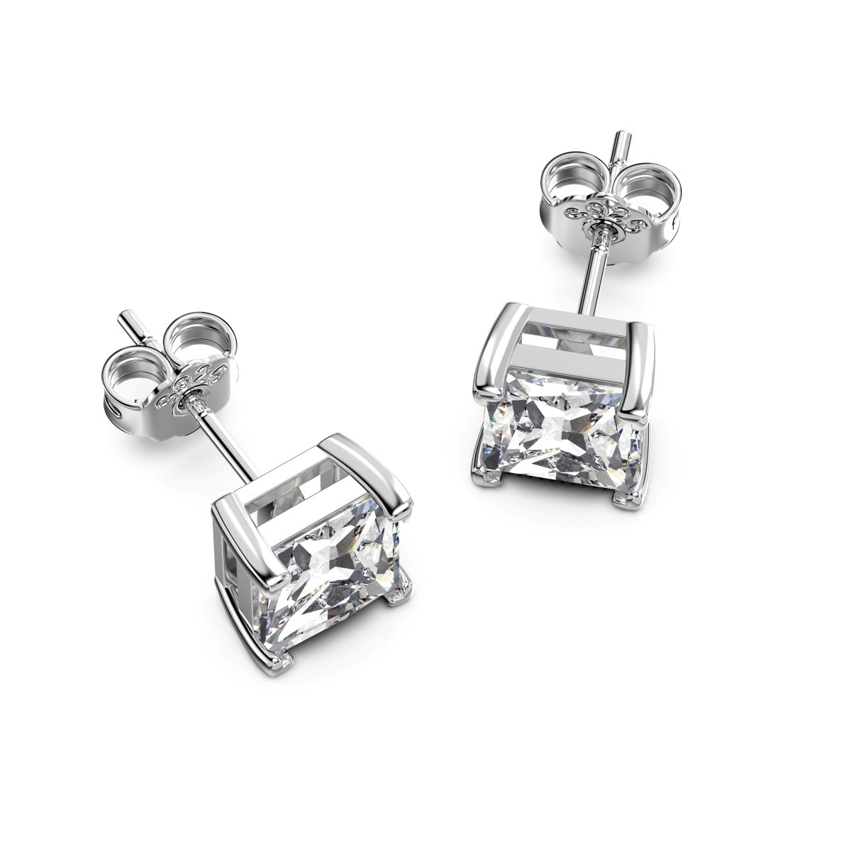Princess Cut Square Rhodium-Plated Stud Earrings
