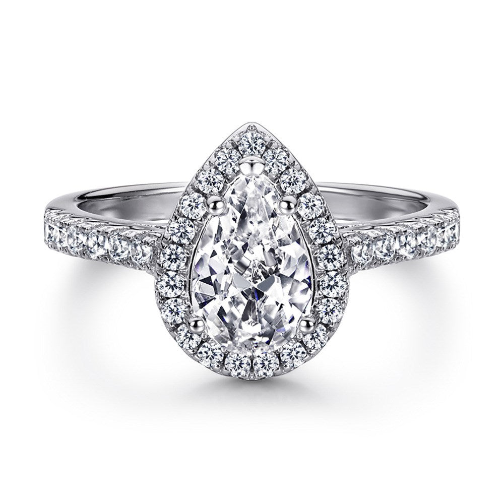 Pear Cut Crystal Halo Rhodium-Plated Ring