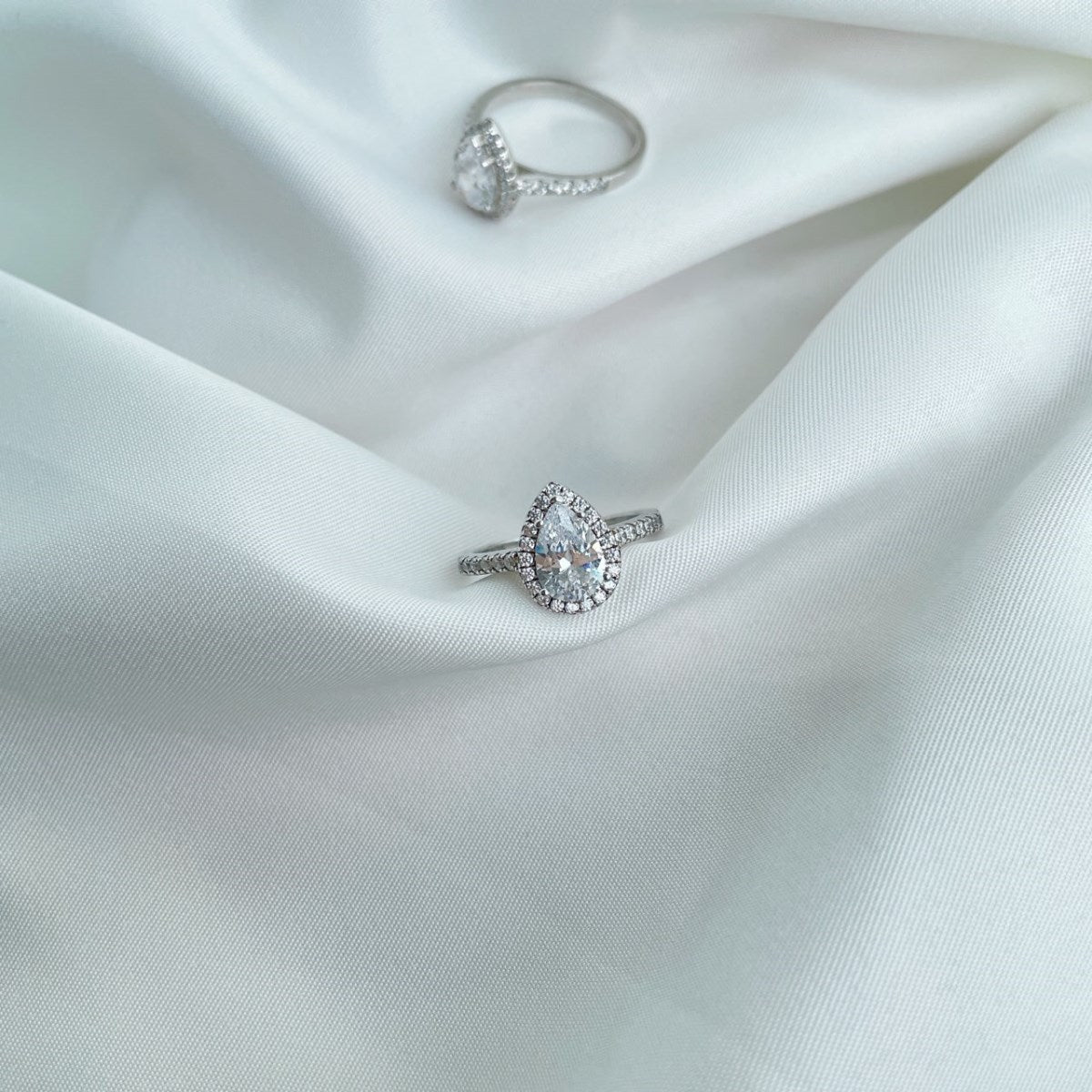 Pear Cut Crystal Halo Rhodium-Plated Ring