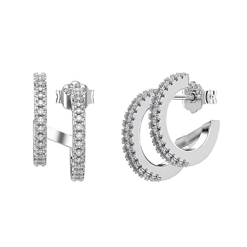 Double Crystal Hoop Rhodium-Plated Stud Earrings