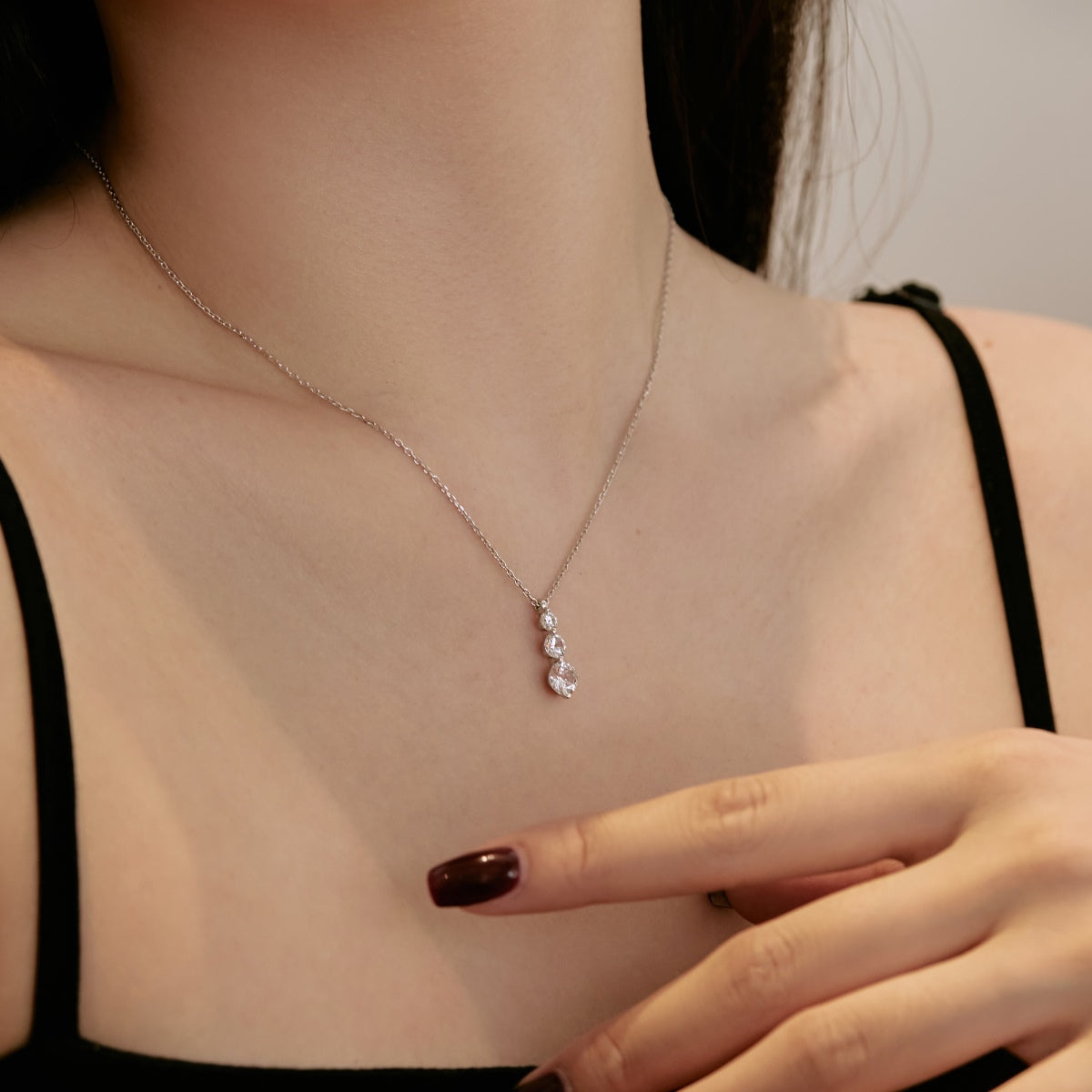 Three Stone Vertical Rhodium-Plated Necklace