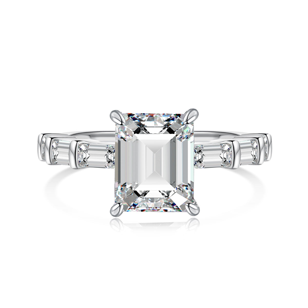 Emerald Cut Baguette Rhodium-Plated Ring