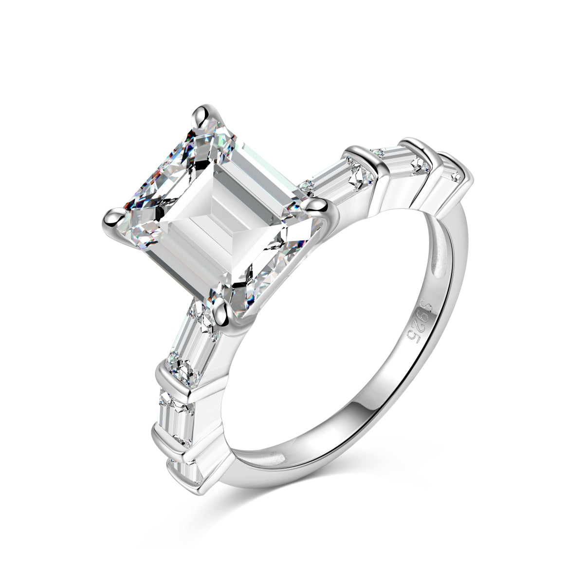 Emerald Cut Baguette Rhodium-Plated Ring