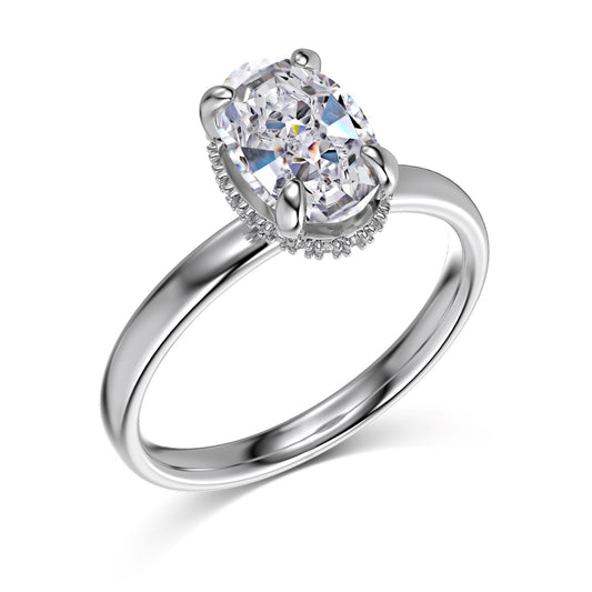 Oval Cut Hidden Halo Rhodium-Plated Ring