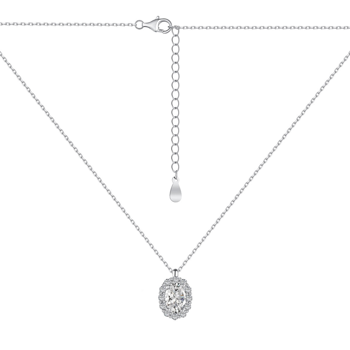 Crystal Oval Halo Vertical Rhodium-Plated Necklace
