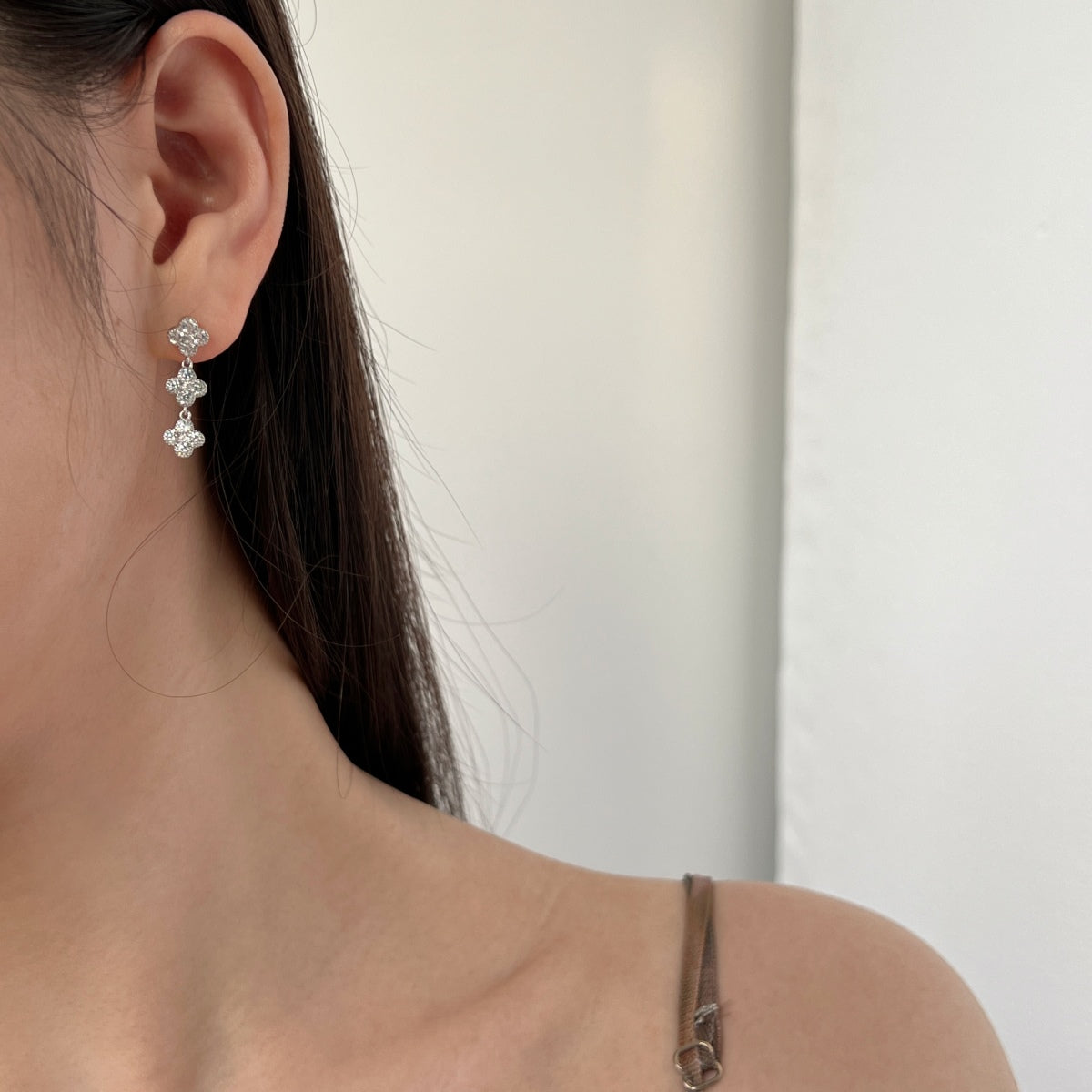 Triple Clover Rhodium-Plated Dangling Stud Earrings