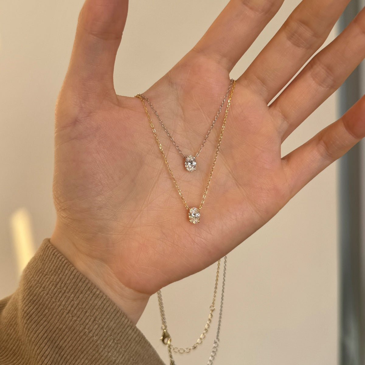 Oval Cut Stone Centered Rhodium-Plated Necklace