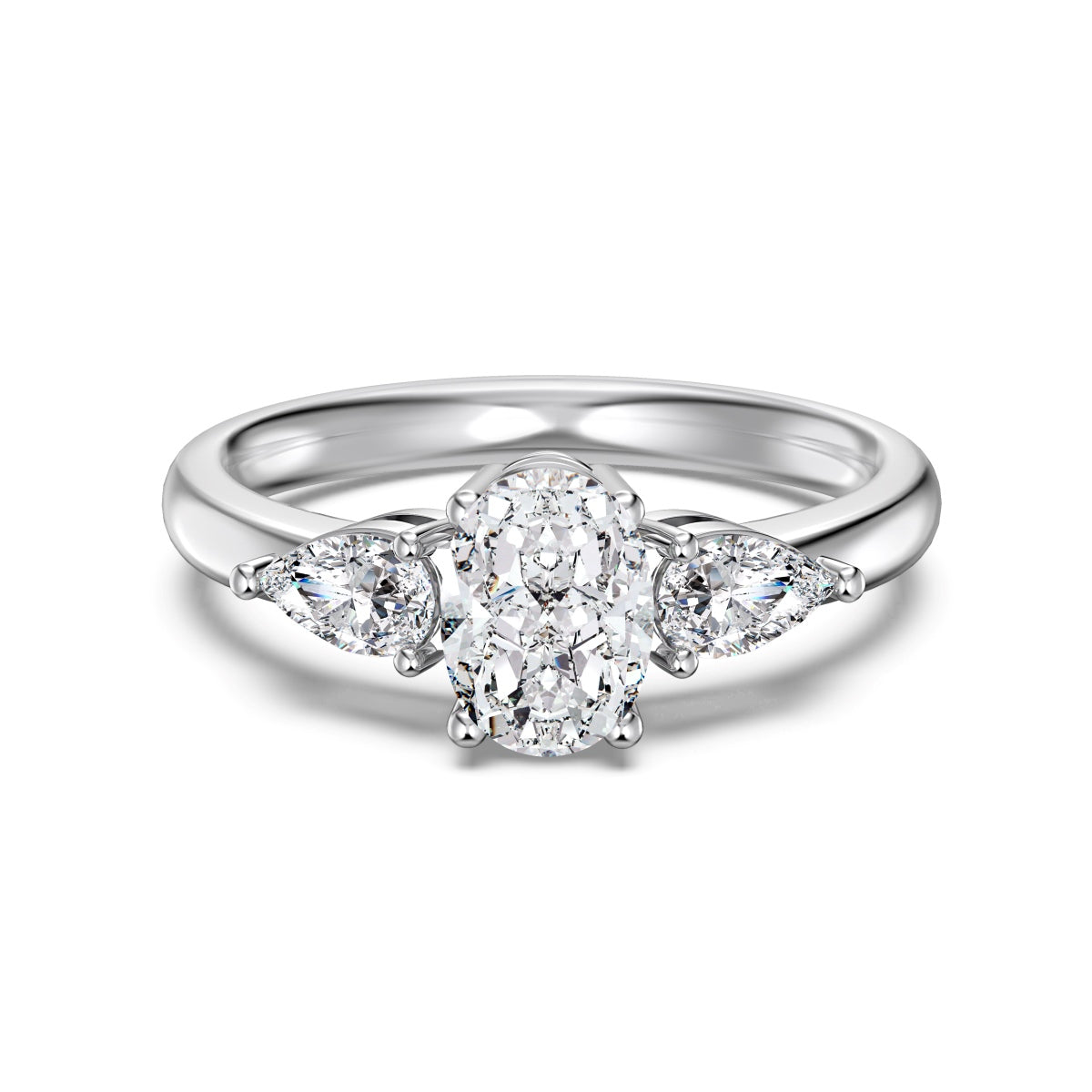 Three Stone Oval Crystal Rhodium-Plated Ring