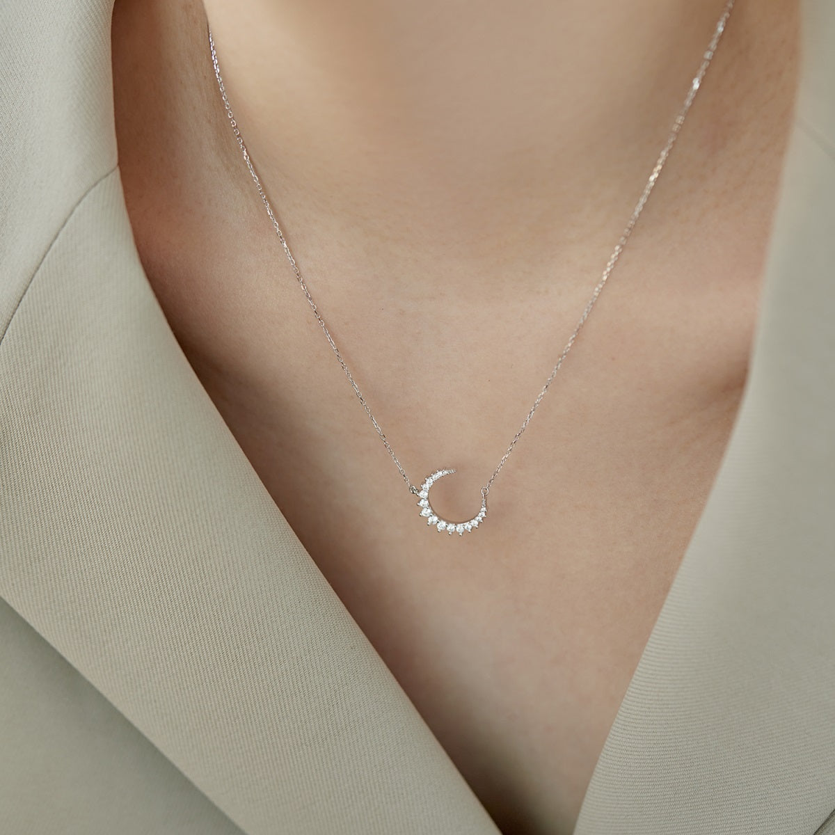 Crescent Moon Rhodium-Plated Necklace