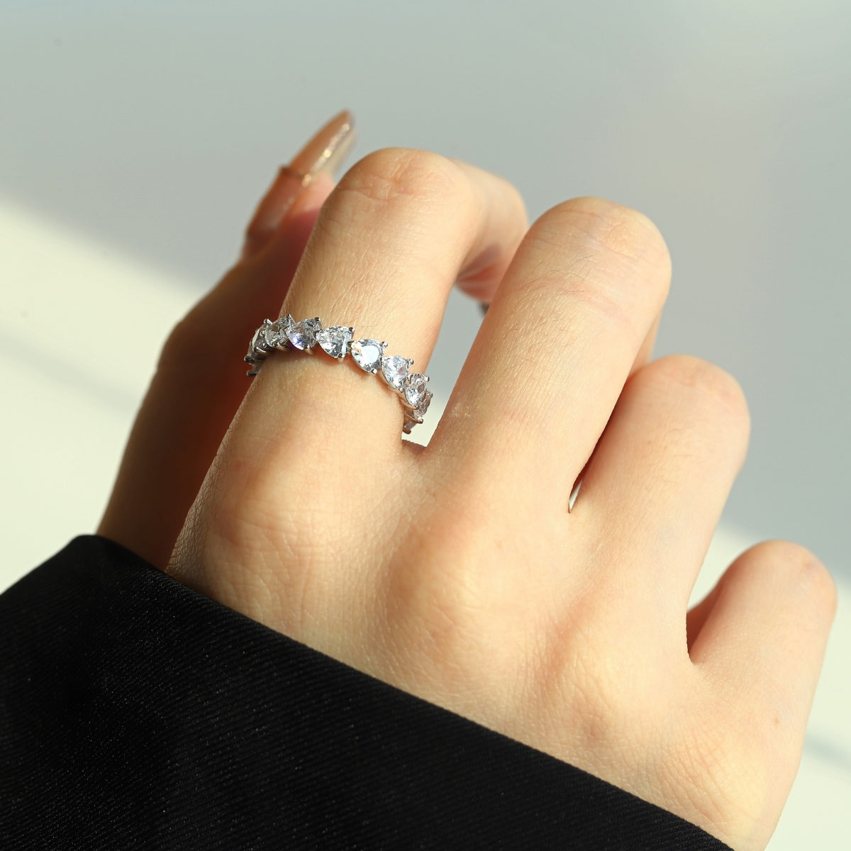 Row of Hearts Rhodium-Plated Ring