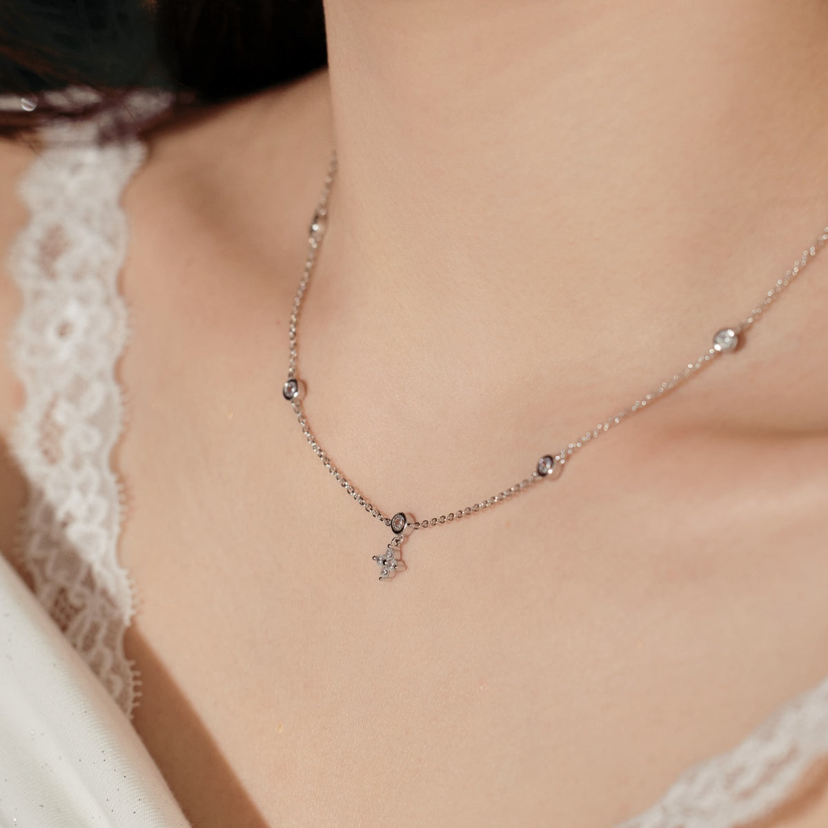 Donut Flower Station Rhodium-Plated Necklace