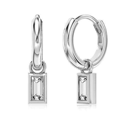 Dainty Emerald Cut Rhodium-Plated Dangling Earrings
