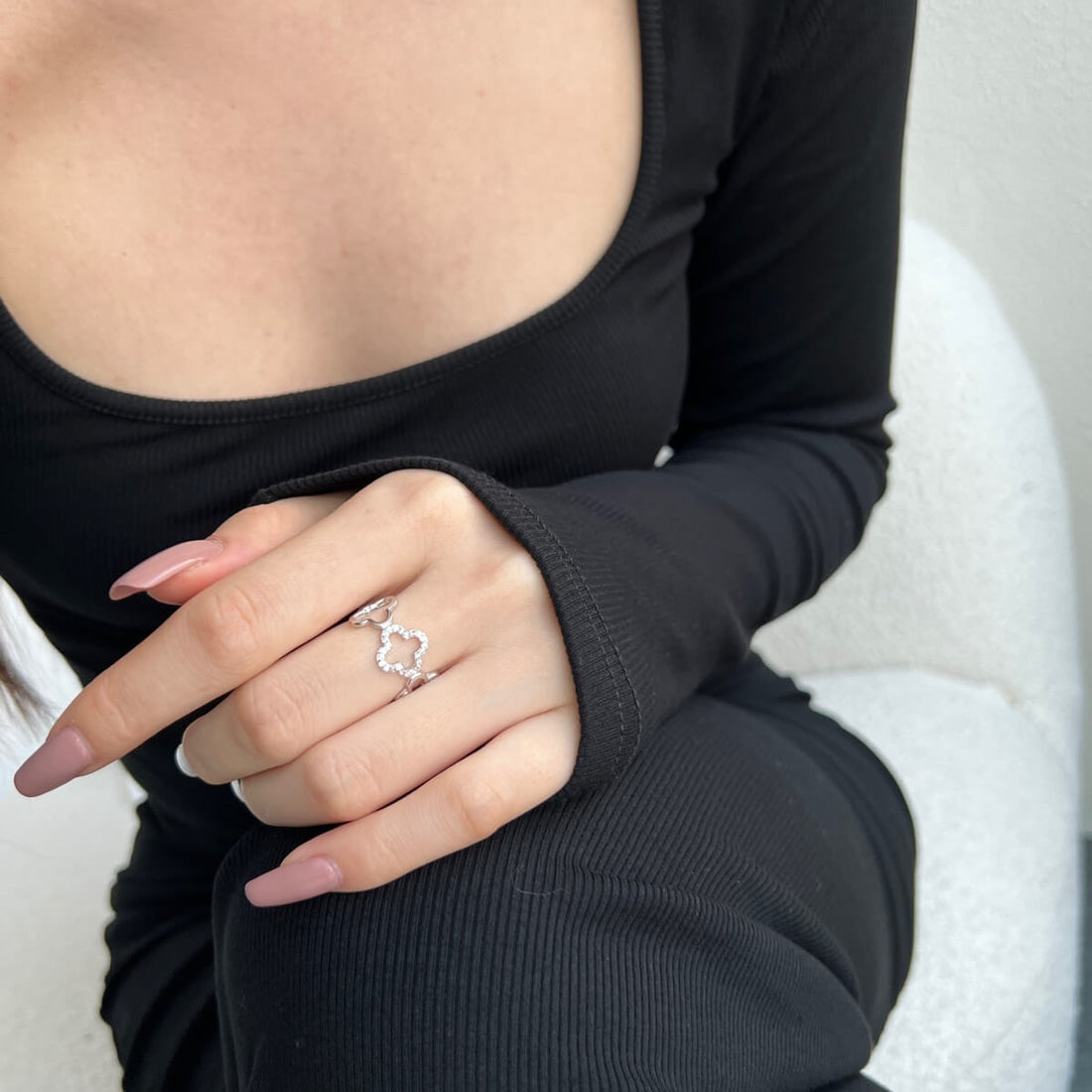 Open Clover Rhodium-Plated Ring