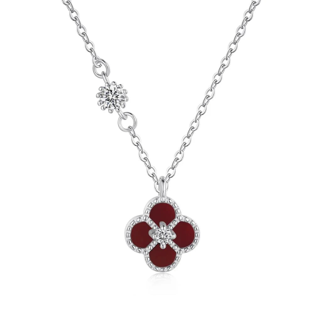 Maroon Clover Rhodium-Plated Necklace
