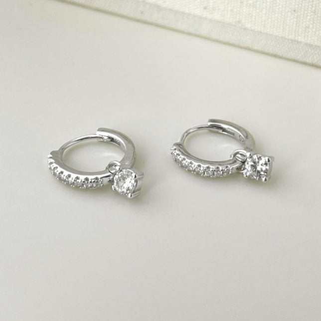 Dangling Solitaire Rhodium-Plated Hoop Earrings