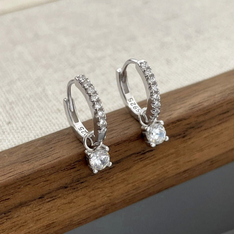 Dangling Solitaire Rhodium-Plated Hoop Earrings