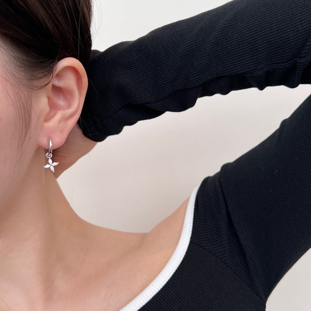 Dangling Flower Rhodium-Plated Hoop Earrings