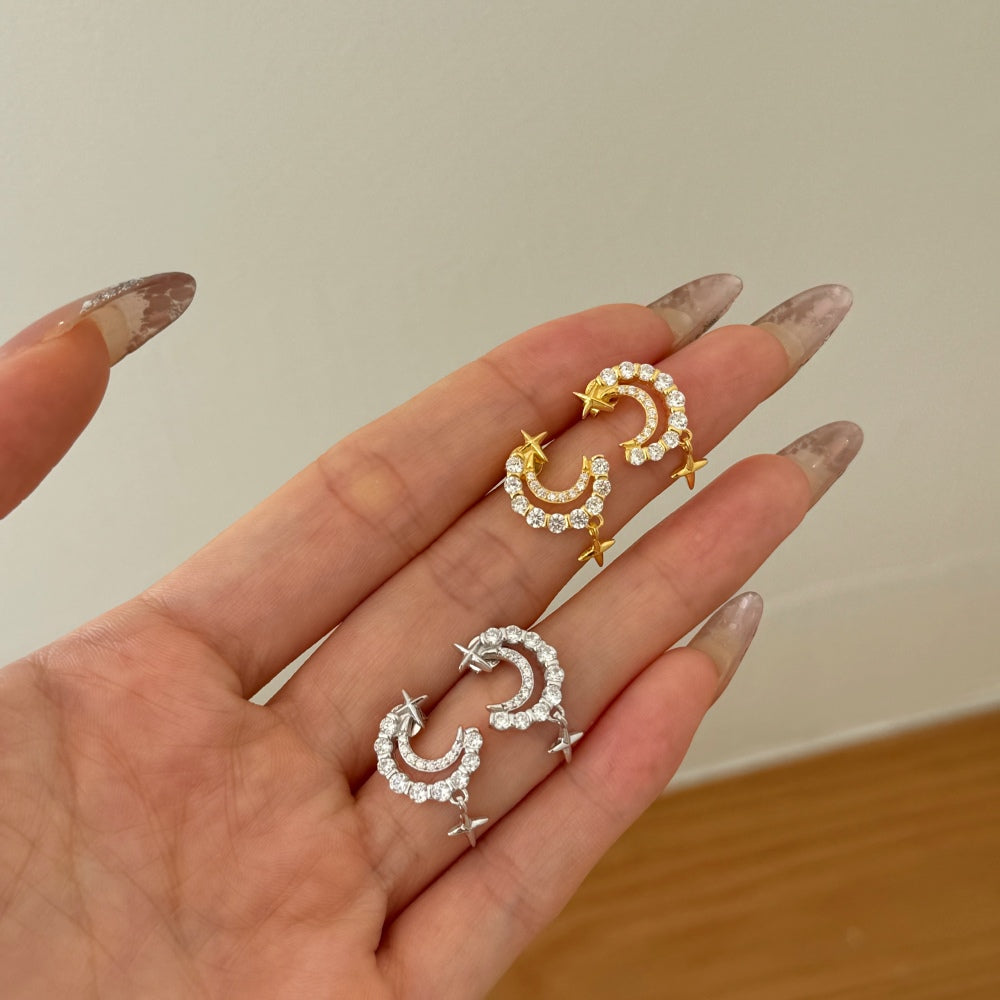 Crescent Moon Crystal Rhodium-Plated Stud Earrings