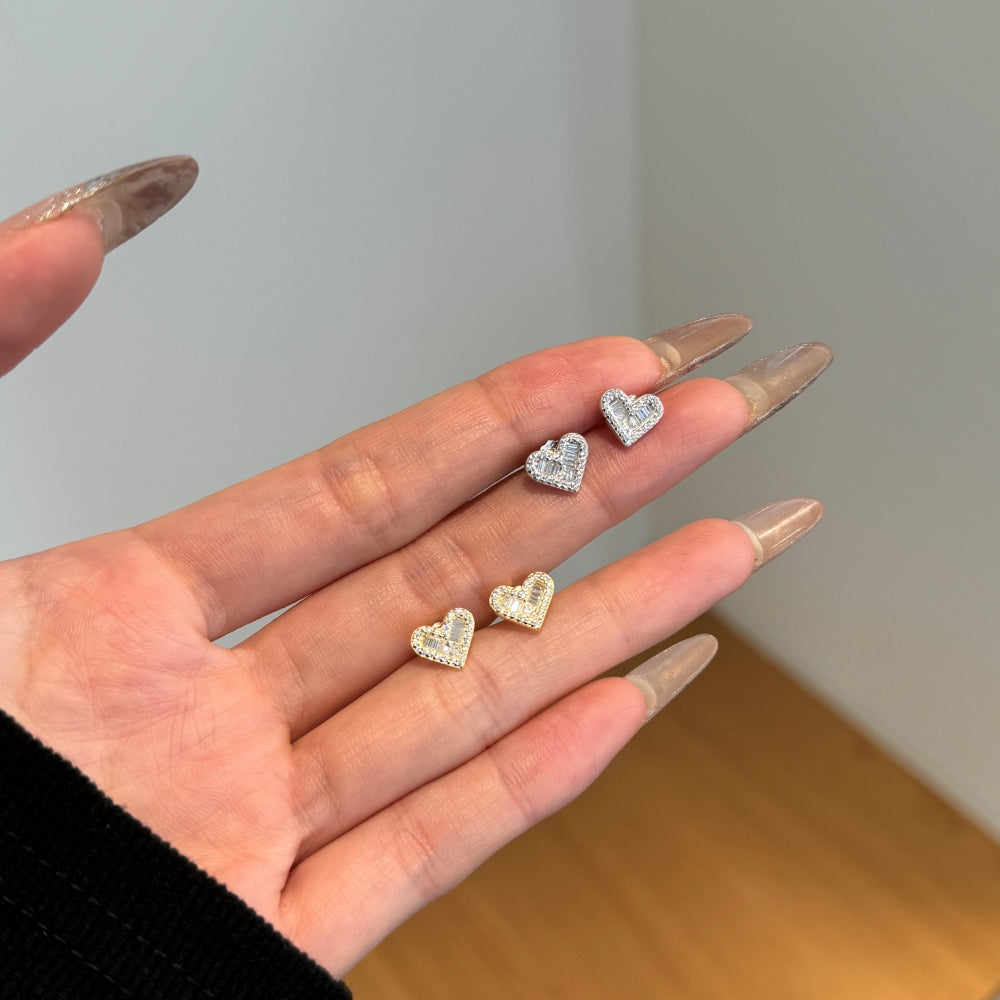 Heart Baguette Rhodium-Plated Stud Earrings