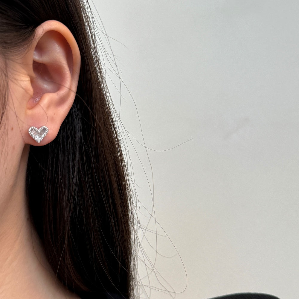 Heart Baguette Rhodium-Plated Stud Earrings
