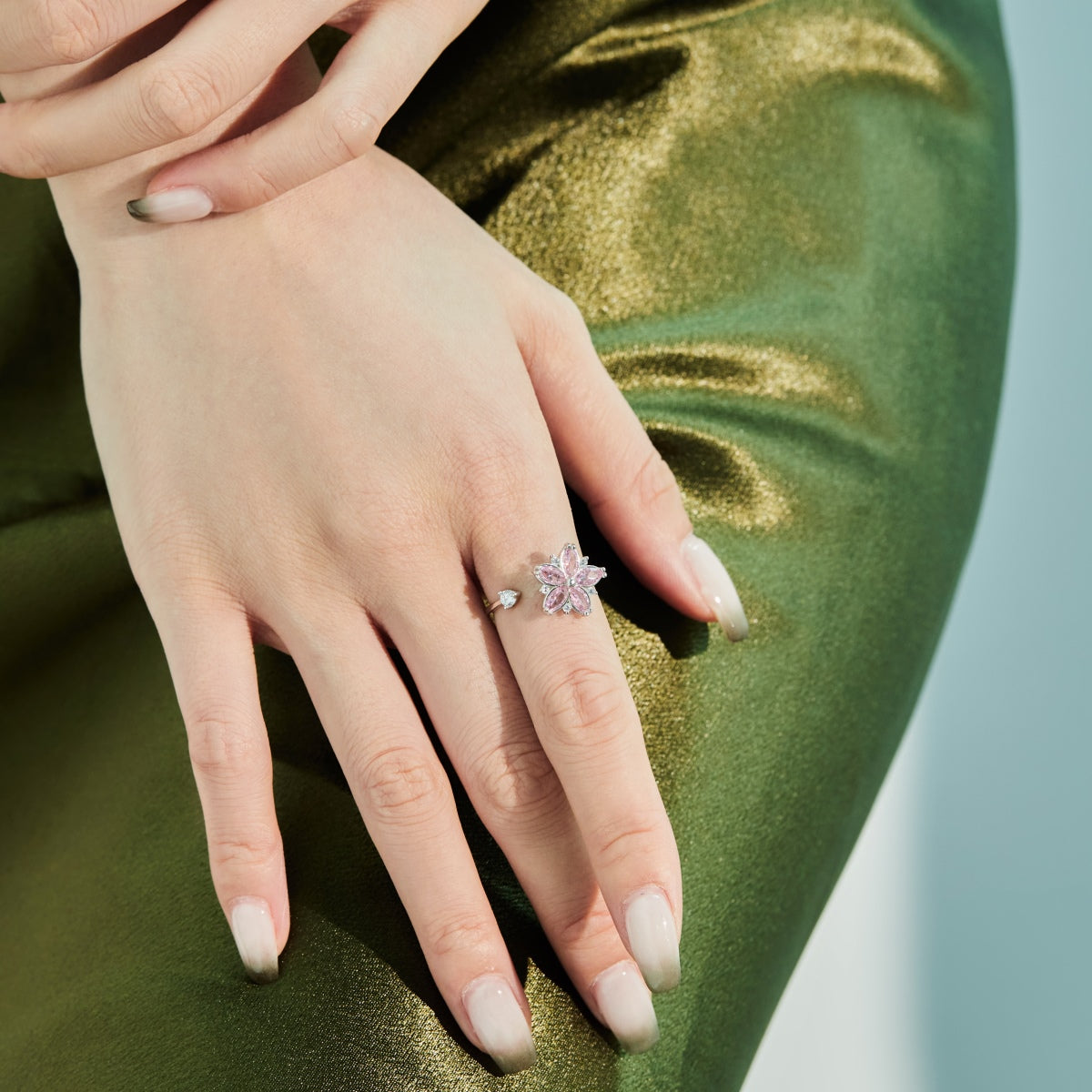 Pink Flower Rhodium-Plated Ring