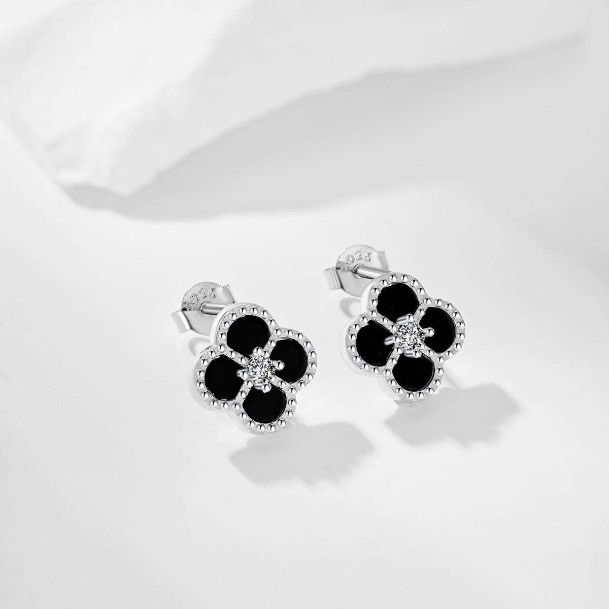 Mini Black Onyx Clover Rhodium-Plated Earrings