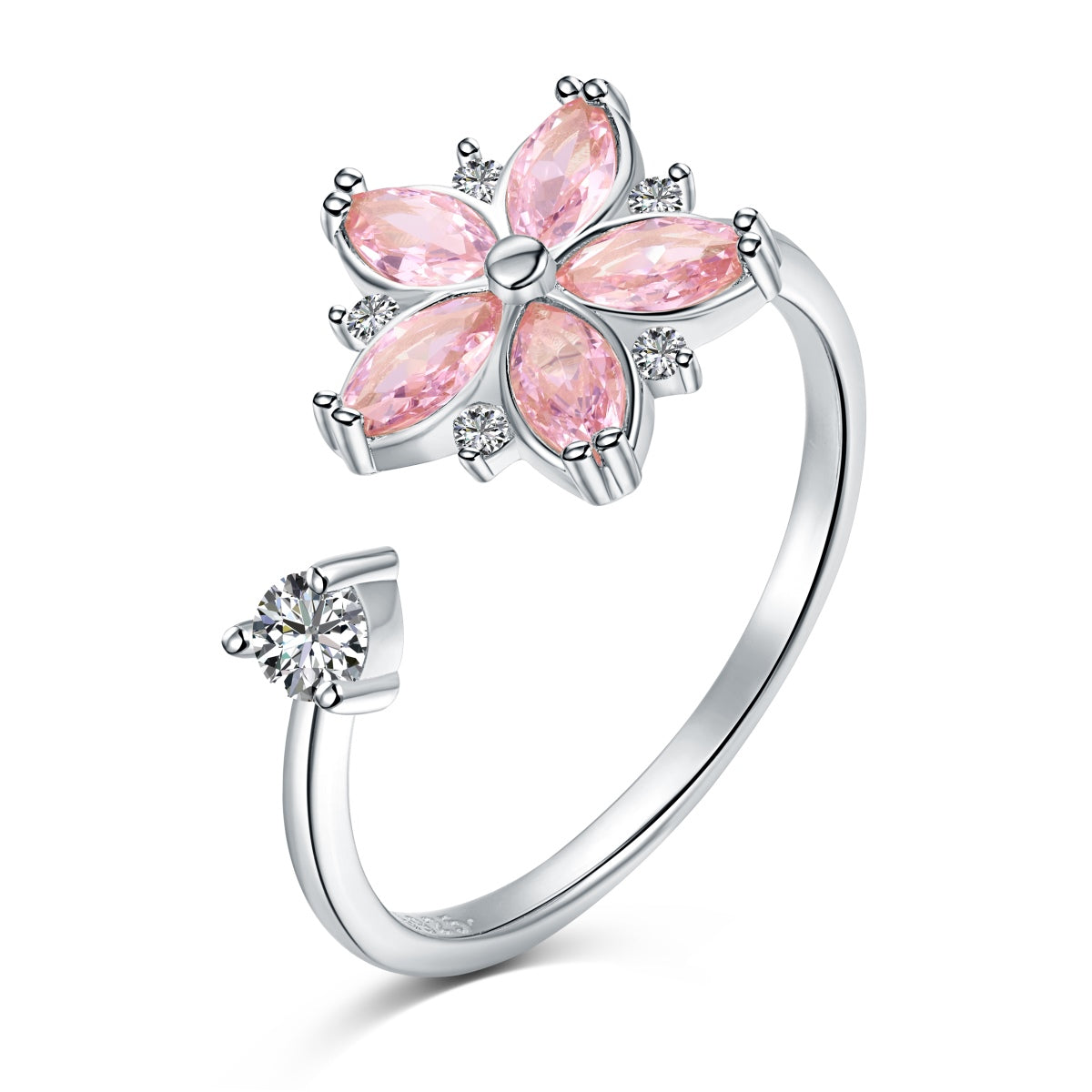Pink Flower Rhodium-Plated Ring