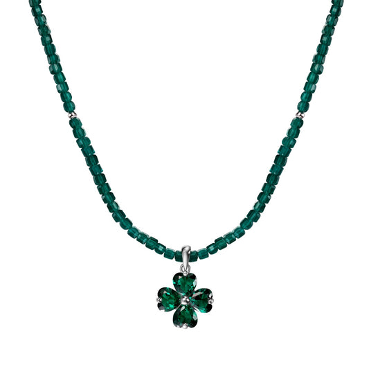Beaded Clover Rhodium-Plated Necklace