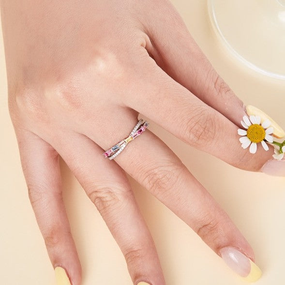 Muticolor Pastel Overlap Rhodium-Plated Ring