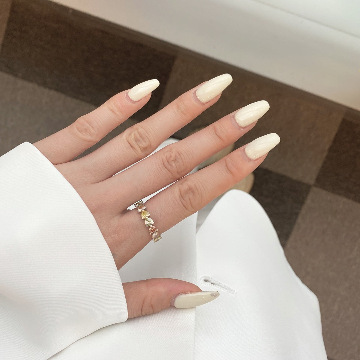 Multicolor Row of Hearts Rhodium-Plated Ring