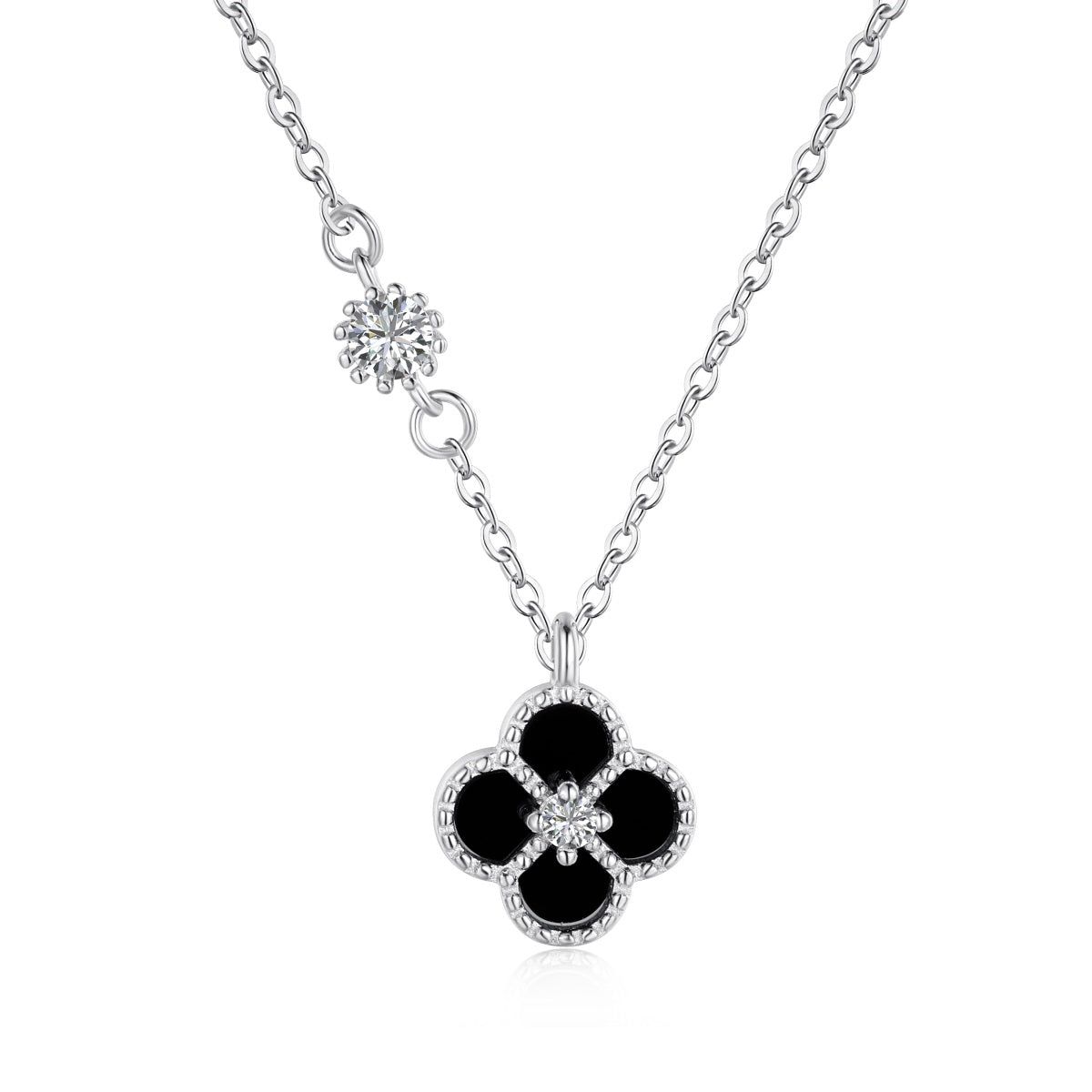 Mini Black Onyx Clover Rhodium-Plated Necklace