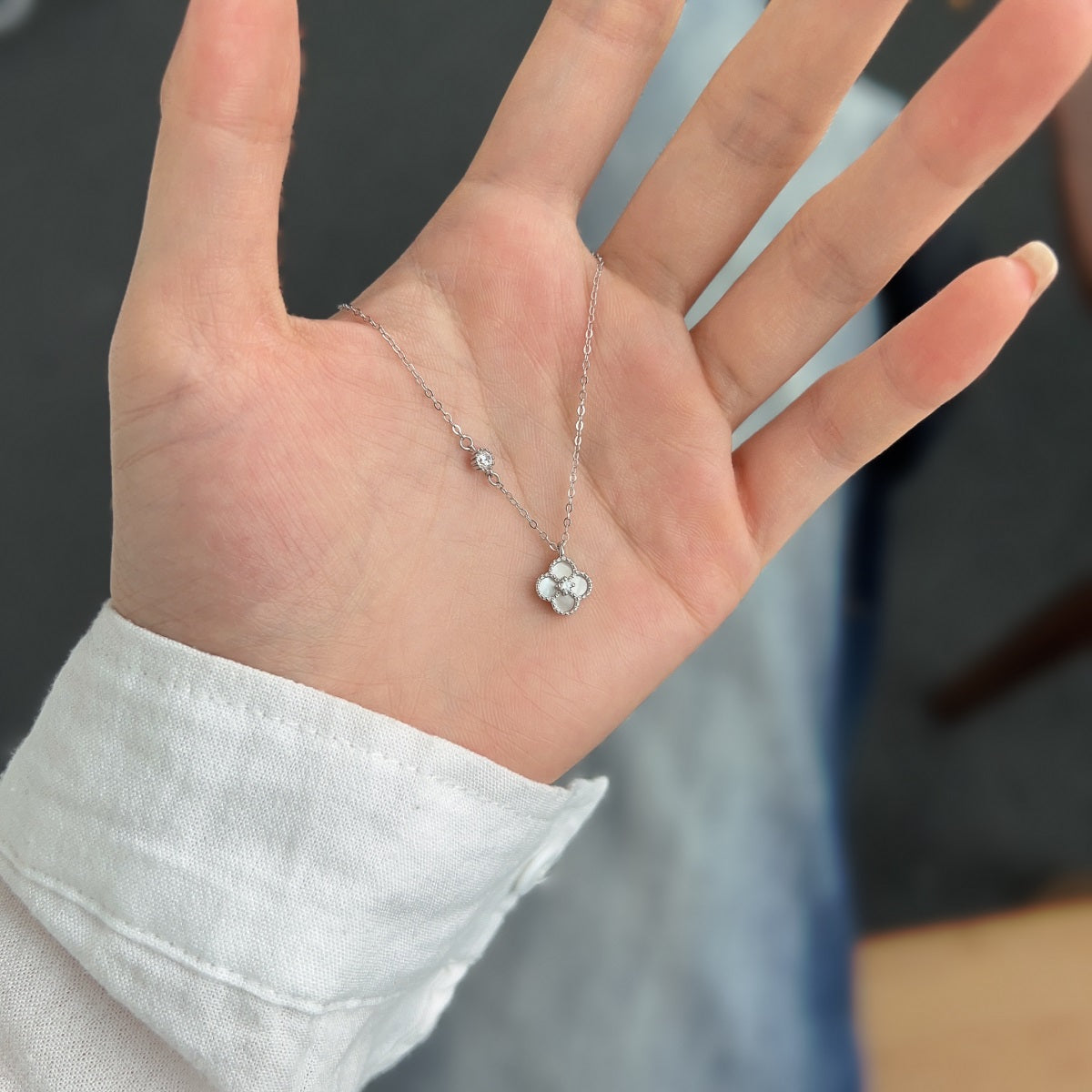 Mini Mother of Pearl Clover Rhodium-Plated Necklace