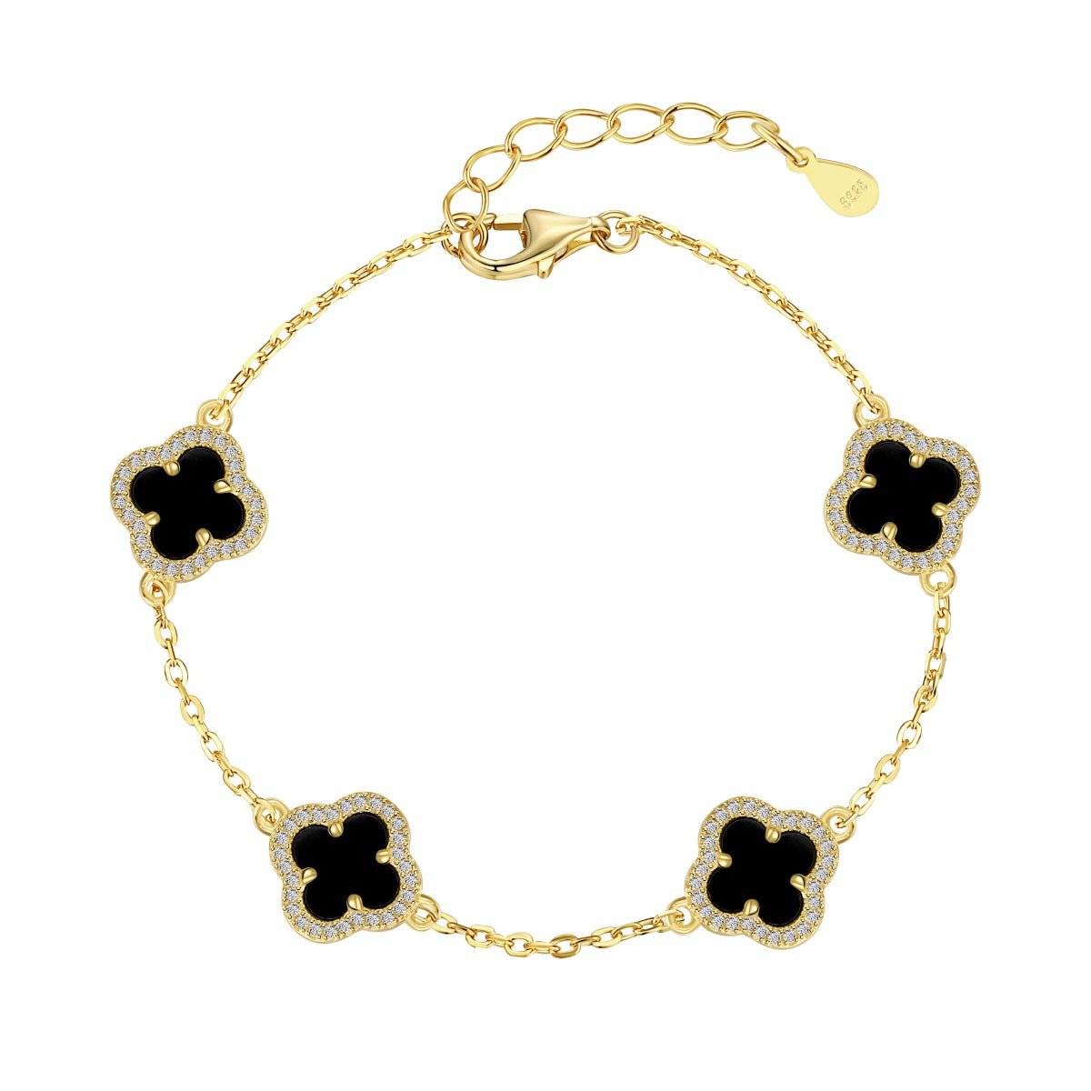 Black Onyx Crystal Four-Leaf Clover Rhodium-Plated Bracelet