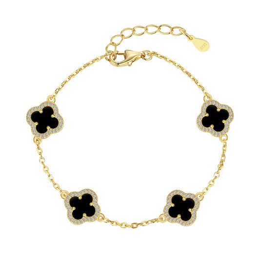 Black Onyx Crystal Four-Leaf Clover Rhodium-Plated Bracelet