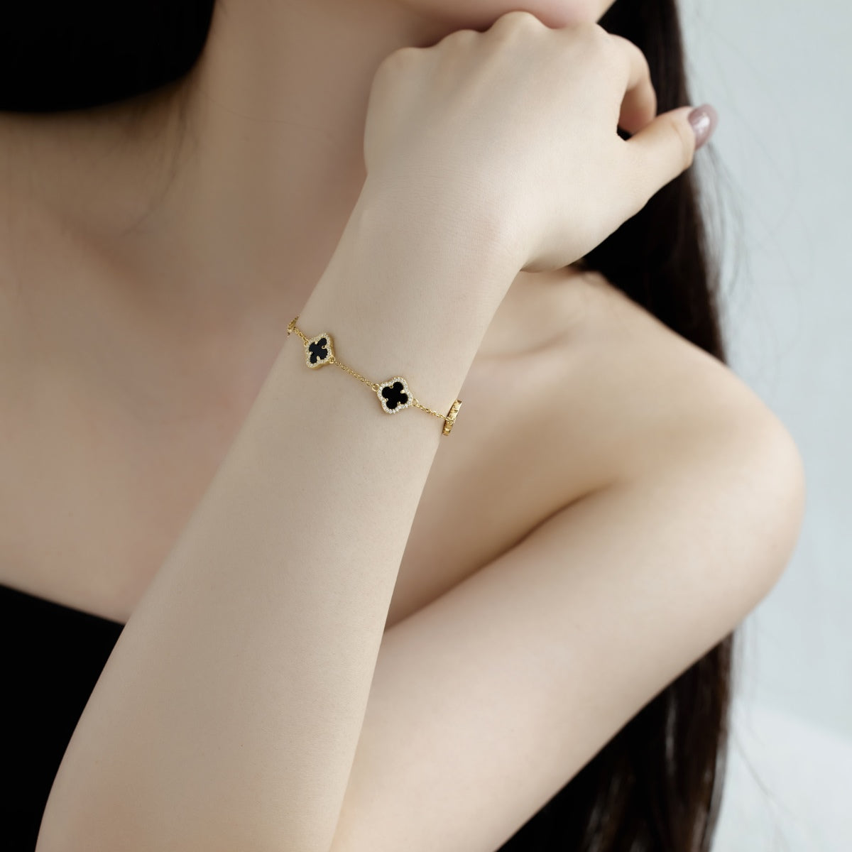 Black Onyx Crystal Four-Leaf Clover Rhodium-Plated Bracelet