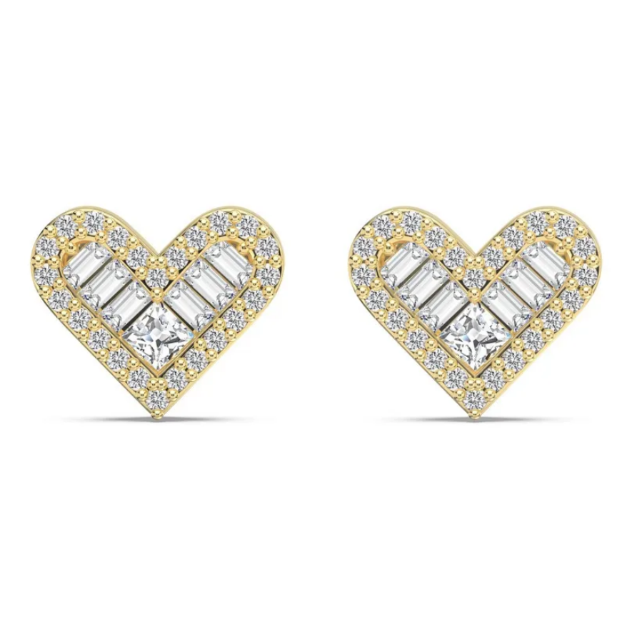 Heart Baguette Rhodium-Plated Stud Earrings