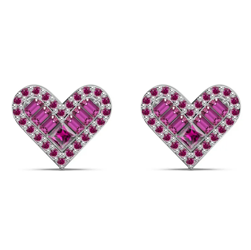 Heart Baguette Rhodium-Plated Stud Earrings