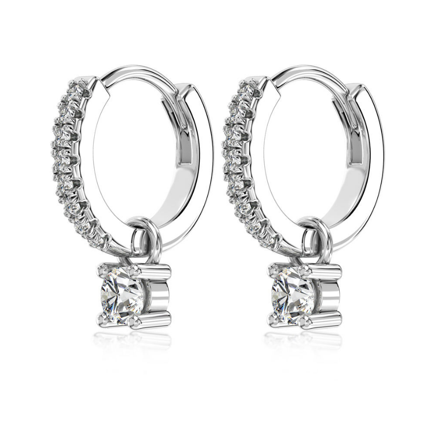 Dangling Solitaire Rhodium-Plated Hoop Earrings