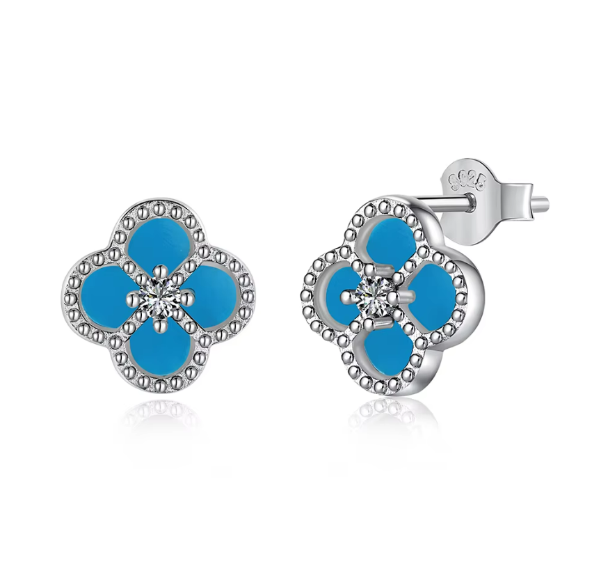Blue Clover Rhodium-Plated Stud Earrings