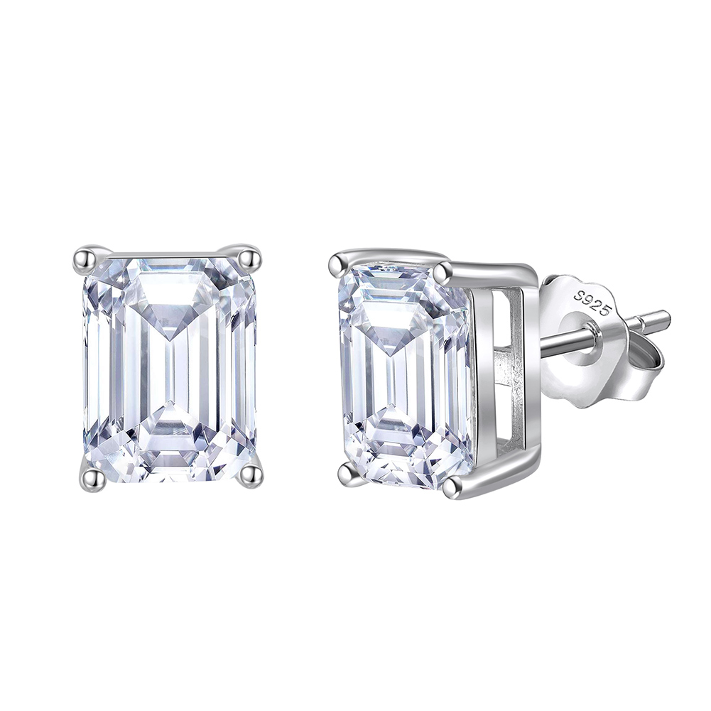 8A Emerald Cut Rhodium-Plated Stud Earrings