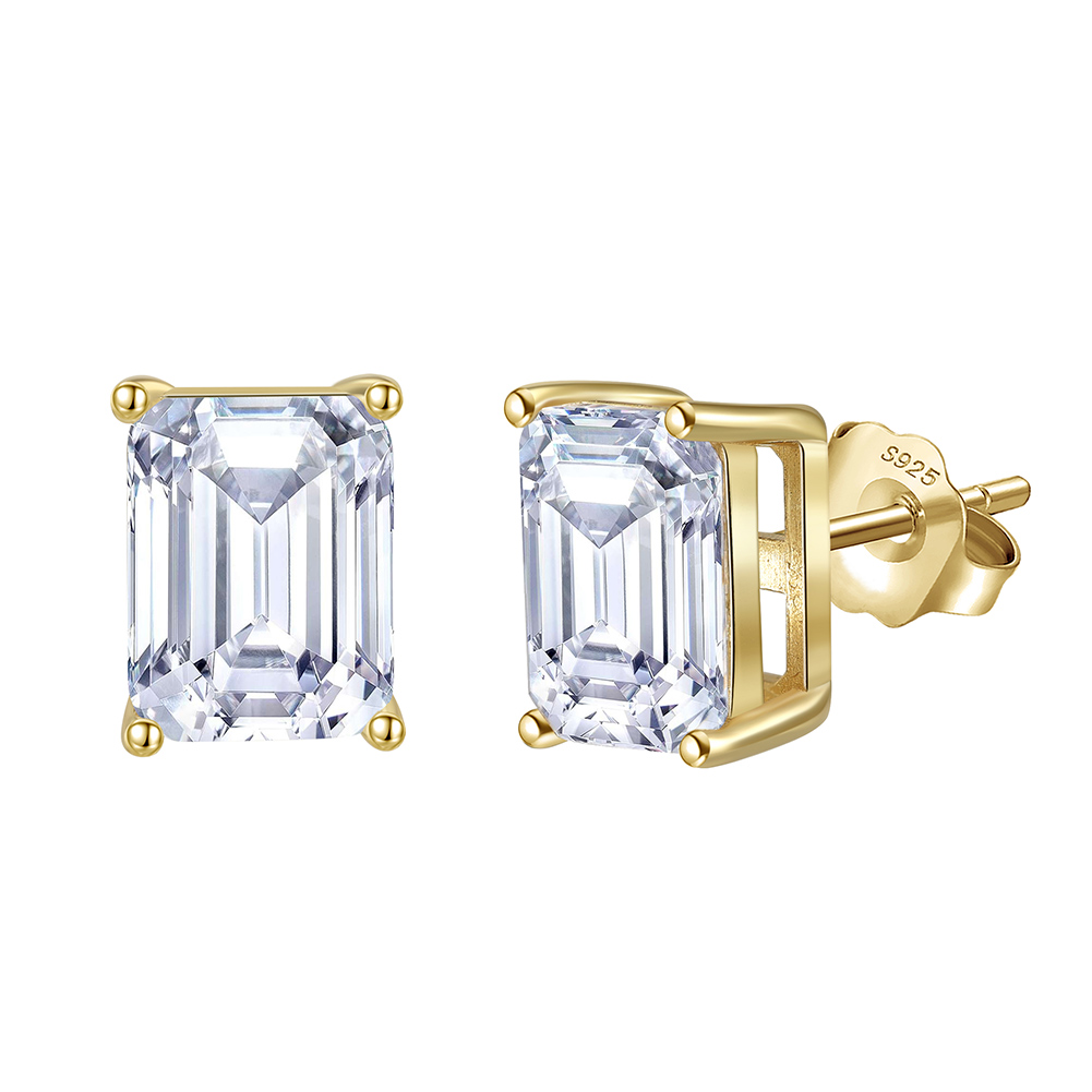 8A Emerald Cut Rhodium-Plated Stud Earrings