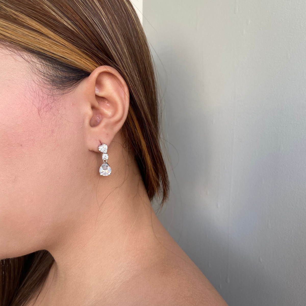 Pear Stone Rhodium-Plated Dangling Stud Earrings