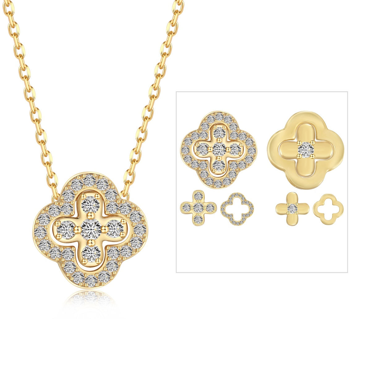 3-in-1 Crystal Clover Rhodium-Plated Necklace